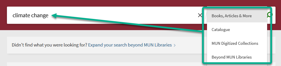 Screenshot showing 4 search scope options that appear after entering search terms in OneSearch
